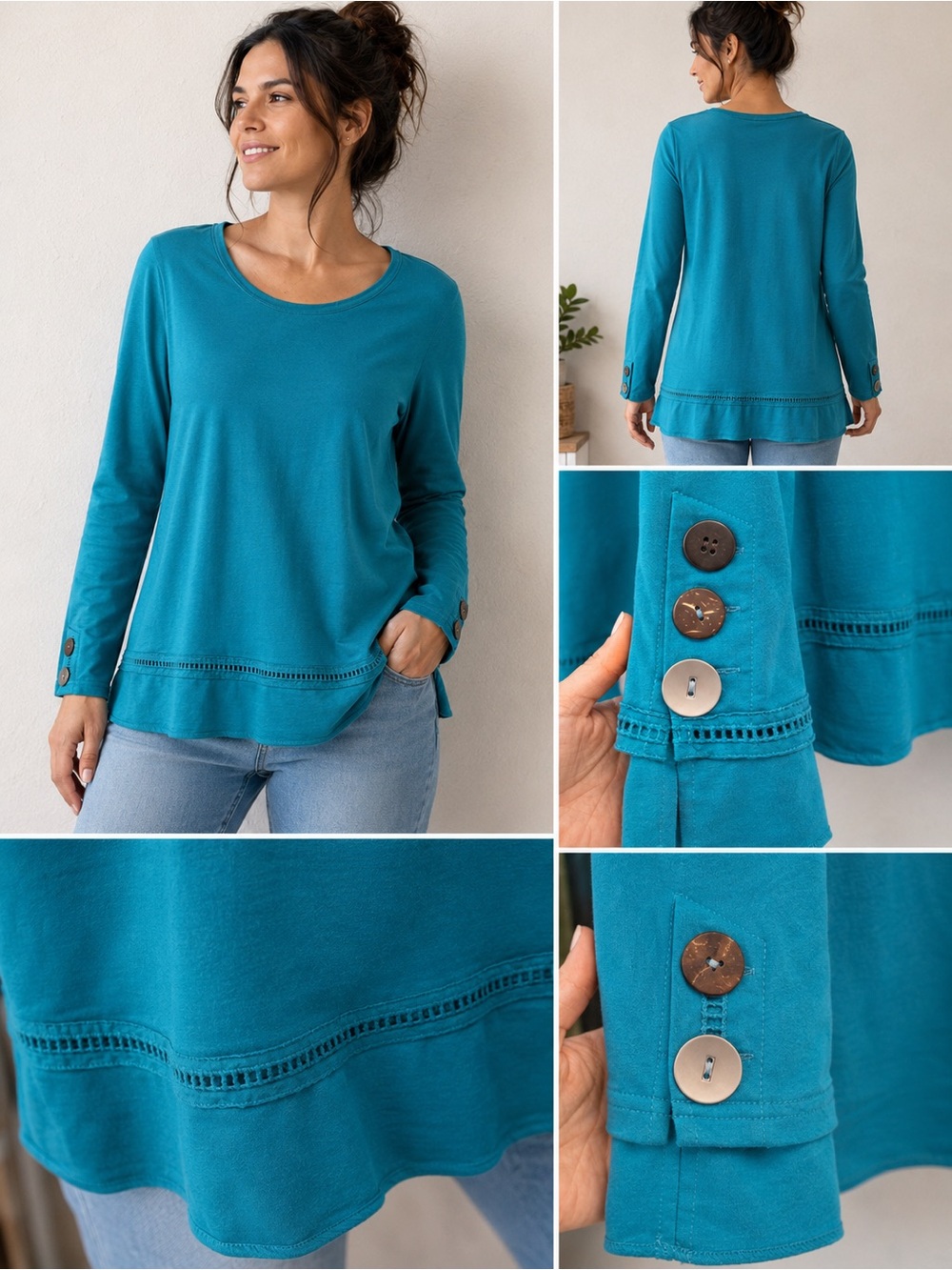 Soft Surroundings Teal Long-Sleeve Scoop Neck Top S‎